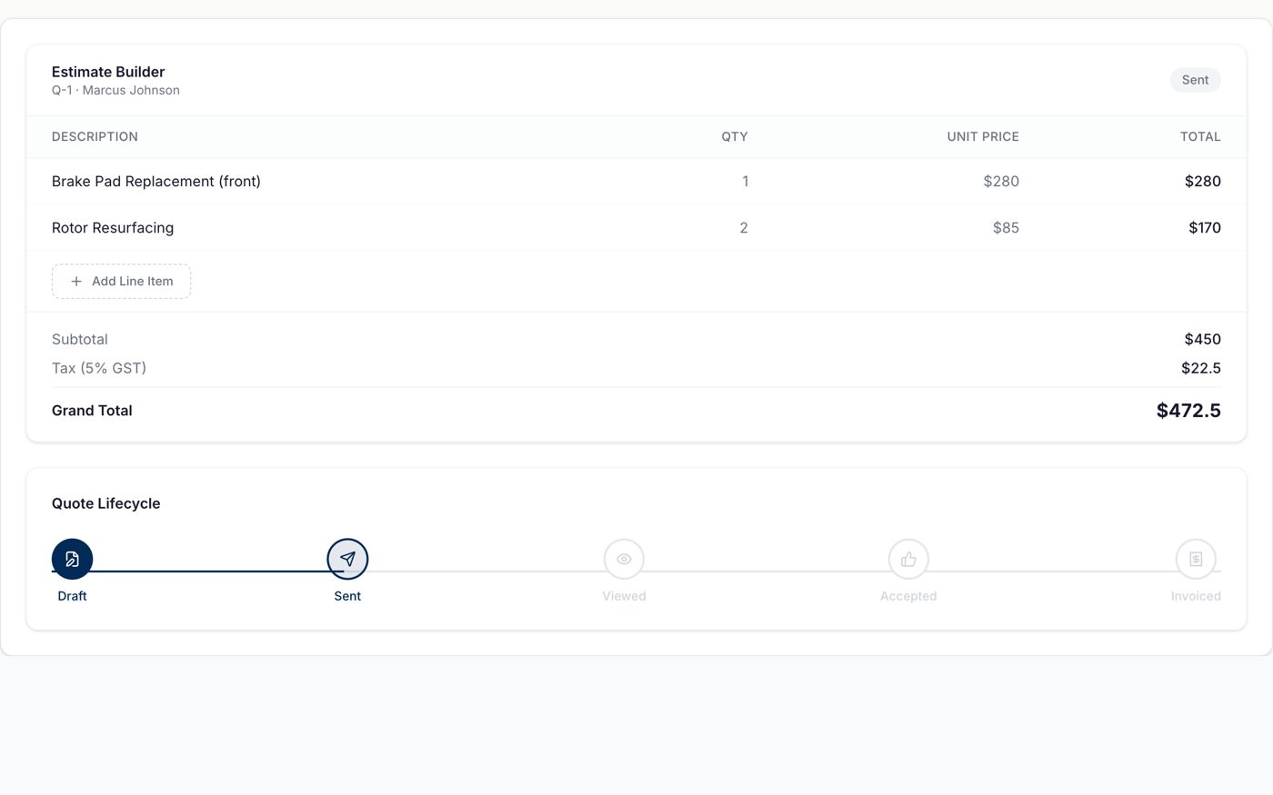 An estimate builder with line items, tax and a status timeline.